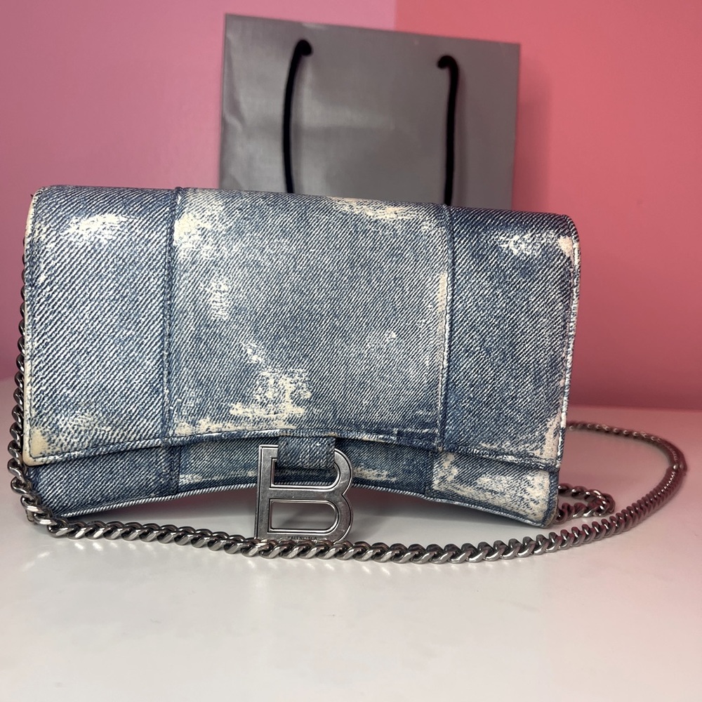 Balenciaga Hourglass Denim Chain Wallet Bag